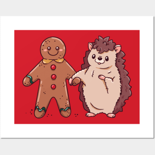 Cute Cartoon Christmas Hedgehog with Gingerbread Man Posters and Art